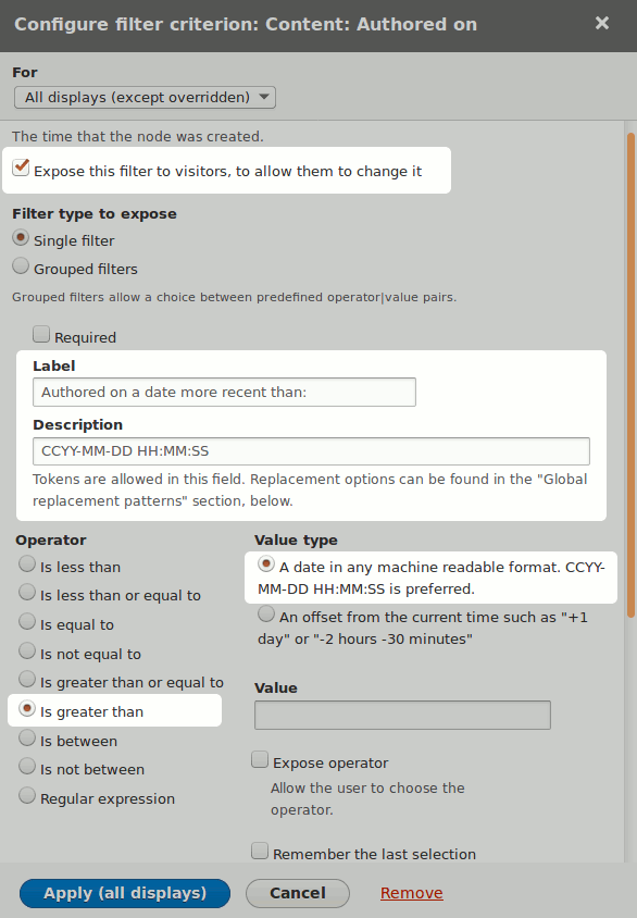 Exposed Date Filter (Authored on) settings